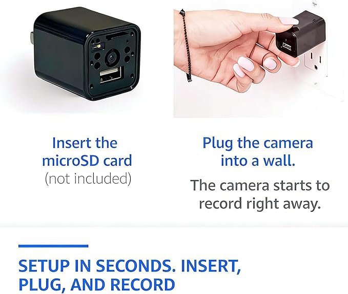 Hidden Camera Spy Cam 1080P - USB Charger Full HD No-WiFi Security Cam with Plug-in Power & Local Storage, Motion Detection & Night Vision, Ideal for Pet, Baby & Home Security, with 64GB SD Card