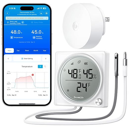 GoveeLife 2.0 WiFi Refrigerator Thermometer with Dual Probes, 1840ft Ultra-Long Range, Temperature & Humidity, Large LCD Display, Freezer Alarm, App Notification for Fridge, Kitchen, Farming