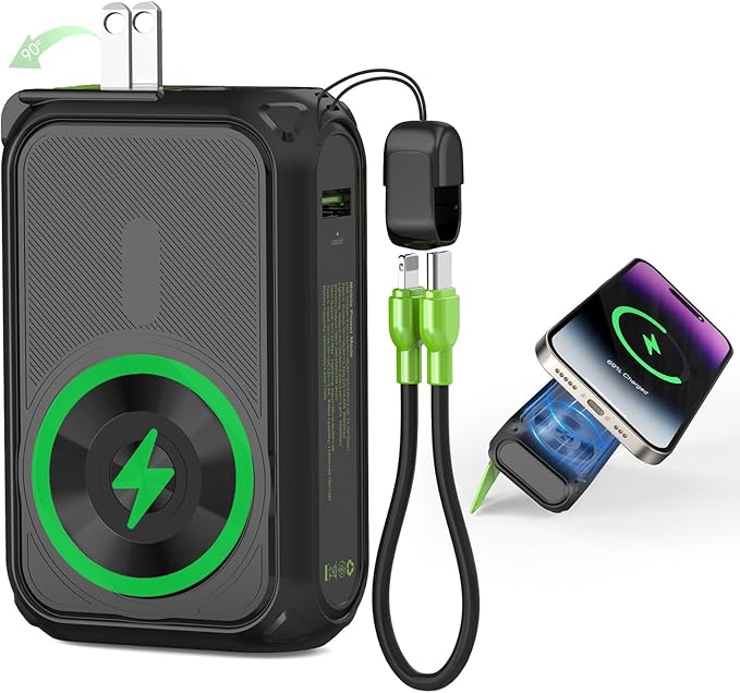 P05 Magnetic Portable Charger, 20000mAh Wireless Power Bank with AC Wall Plug Built in Cable, 6-in-1 Power Bank Travel Essentials 22.5W Fast Charging for iPhone,Samsung,Andriod,Small Portable Charger