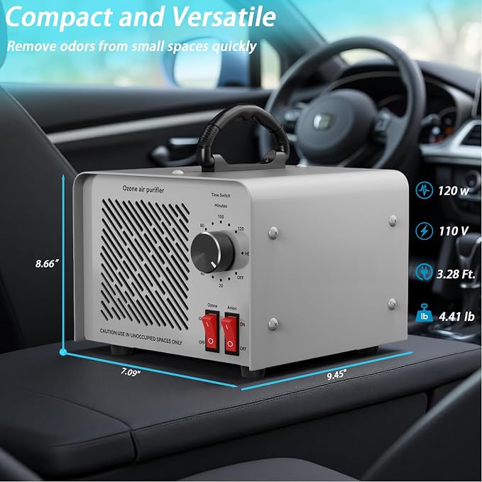 120,000mg/h 0zone Generator High Capacity Ozone Machine & 1 Billion Negative Ion Air Purifier for Home, Car, Pet Odor Removal, O3 Odor Eliminator up to 2,500 Sq. Ft.(Silver)