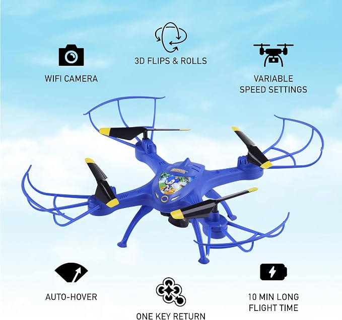 Sonic The Hedgehog Sky Racer Drone - WiFi Camera, 3D Flips, Variable Speed Settings, Kid's Toy Drone with 10 Min Flight, Auto Hover, and Remote Controler Included