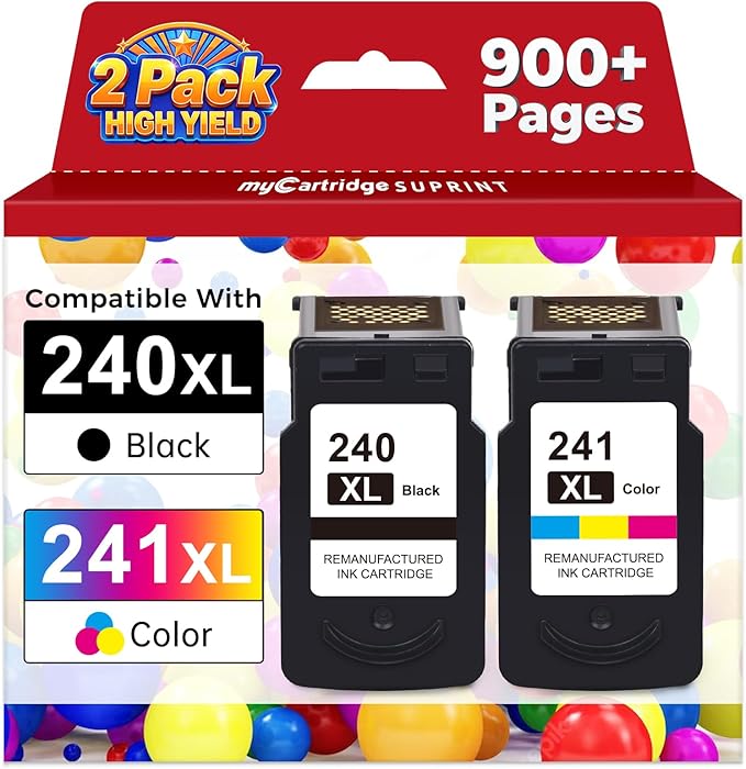 PG-240 XL/CL-241 XL Ink Cartridges Replacement for Canon 240XL 241XL Combo Pack 240 241 for Canon PIXMA MG3620 TS5120 MG3520 MG3600 MG3220 MX472 Printer (1 Black, 1 Tri-Color, 2 Pack)