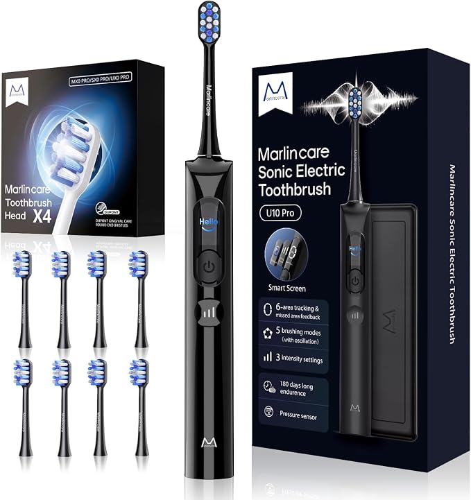 U10PRO Sonic ElectricToothbrush and 4 Pack Replacement Heads, Black
