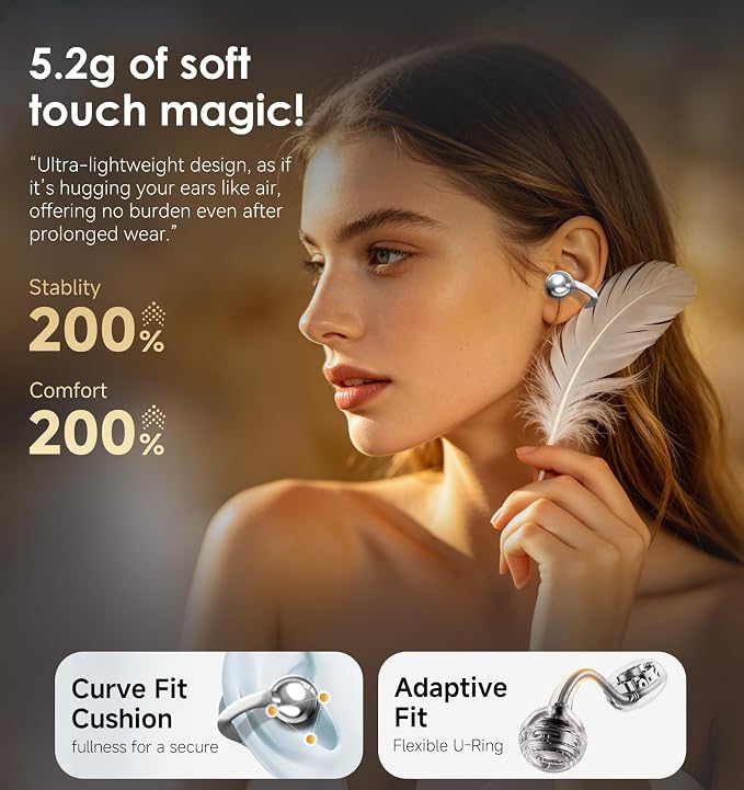 King Lucky Next-gen Clip on Earbuds Open Ear Wireless Bluetooth 6.0 Headphones with Mic,50H Play,ENC,IPX5 Waterproof,Sports Ear Buds,Comfortable for Small Ears&Fitness,Run (Silver, Standard)