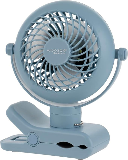 IRIS USA WOOZOO 3.5" Cordless Portable Clip On Fan, USB-C Rechargeable Fan, LED Light, Mosquito Repellent Tray, 360° Tilt, 3 Speeds,Bedside Kitchen Camping Golfing Outdoor Use, Blue