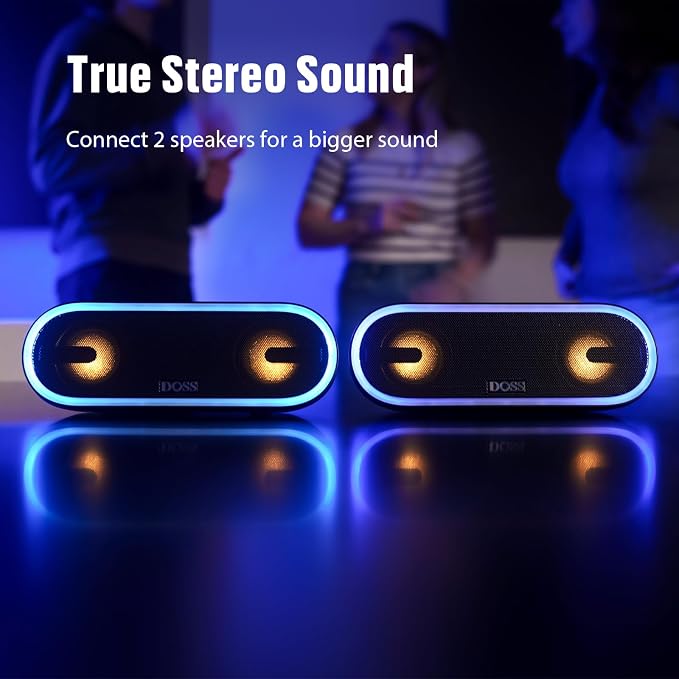 DOSS SoundBox Pro+ P300 Bluetooth Speaker, 40W Stereo Sound, Extra Bass,20H Playtime, Wireless Stereo Pairing, Beat-Driven Lights for Party, IPX6 Waterproof for Garden, Camping, Beach, Outdoor-Black