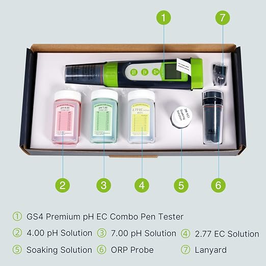 Apera Instruments GroStar Series GS4-P pH/EC/500ppm/700ppm/ORP 6-in-1 Combo Pen Tester Kit with Replaceable Double-Junction pH/EC Probe and ORP Probe for Hydroponics Water Quality Testing, Gen II