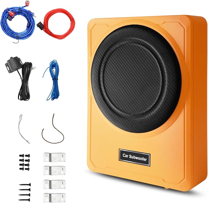 Junsun Slim Under-Seat 10″ 800W Powered Car/Truck Subwoofer & Amp Combo – 220W RMS, Built-in Amplifier, High/Low Input, with Wire Mounting Kit (Vibrant Orange)