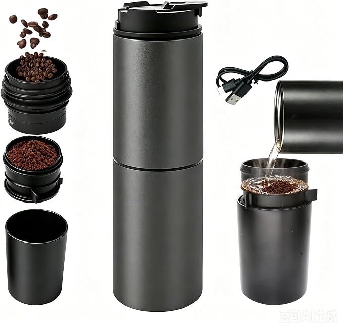 Portable Electric Grind&Brew Pour Over Coffee Maker,All-in-One:Double-Wall SS Tumbler,Stainless Drip Kettle,Permanent Stainless Filter Dripper&Built-in Grinder for Travel,Camping,Office