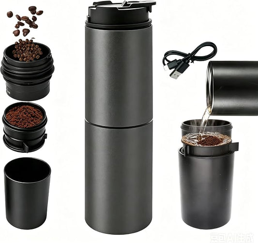 Portable Electric Grind&Brew Pour Over Coffee Maker,All-in-One:Double-Wall SS Tumbler,Stainless Drip Kettle,Permanent Stainless Filter Dripper&Built-in Grinder for Travel,Camping,Office
