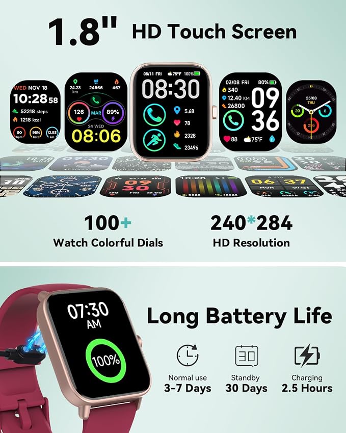 Quican Smart Watches for Women, Compatible for iPhone and Android Phones | 1.8" Fitness Tracker Watch, Waterproof, Calling, Heart Rate/Sleep Monitor, Alexa, Gifts for Women, Silicone Band, Red
