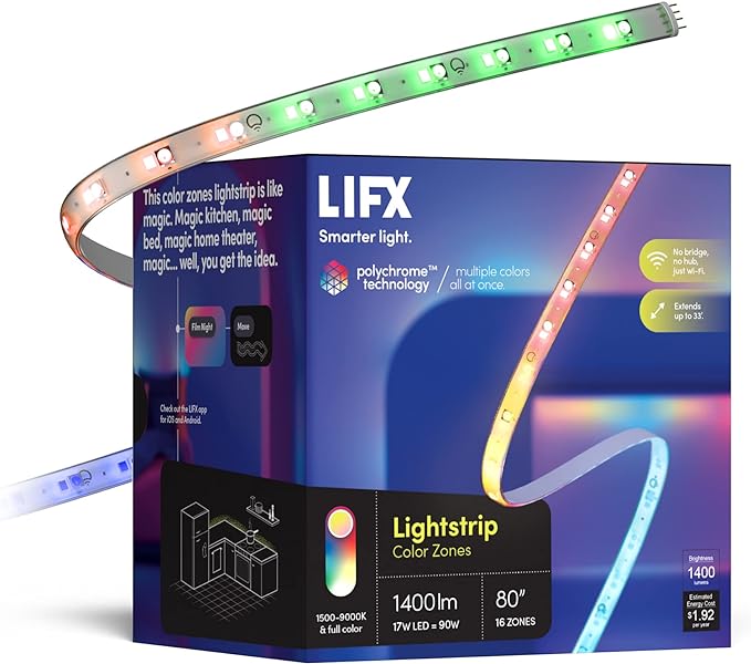 LIFX Supercolor Smart LED Strip Lights 6.6ft (80 inch Kit), Color Changing Multizone RGB + Tunable White, 16 Color Zones, Apple HomeKit, Alexa & Google Home, Music Sync, Dimmable