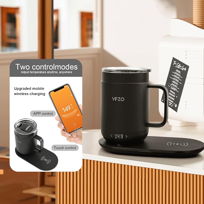 16Oz Temperature Control Smart Mug, Self Heating Coffee Mug LED Display, 180 Min Battery Life - Hot up to 149℉ Fast Wireless Charger Base Improved Design (16oz, Orange)