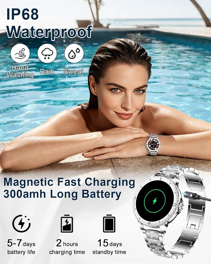 Smart Watches for Women, 1.27" HD Smartwatch with Diamond Strap Compatible Android/iOS, Answer/Make Call, IP68 Waterproof Fitness Tracker with Heart Rate, Sleep Monitor, 120+ Sports, Silver