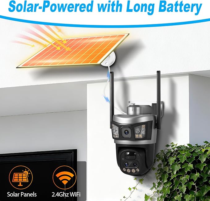6MP Dual Lens Solar Security Cameras, Wireless Outdoor WiFi Security Camera, 360° View Pan, Two-Way Audio, Motion Detection, Color Night Vision, Waterproof IP66 with 64G SD Storage