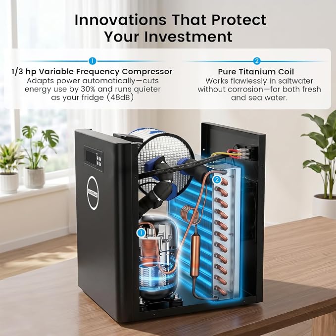 BAOSHISHAN 1/3 HP Aquarium Chiller 79 Gallons 300L Water Cooling System Set | Quiet Compressor Refrigeration for Indoor Hydroponics, Axolotls and Coral Reef Tanks, Precise Water Climate Control Solutions