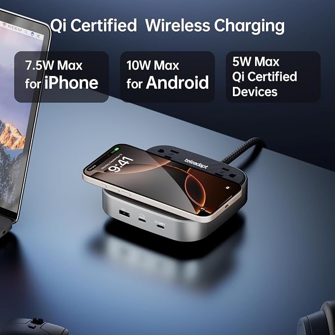 GaN Multi Charging Station 67W, 6 in 1 iPhone Charging Station with USB Ports, Wireless Charging, 2× AC Outlets, Desktop/Bedside/Nightstand Power Station, Hotel-Grade Design, Grey