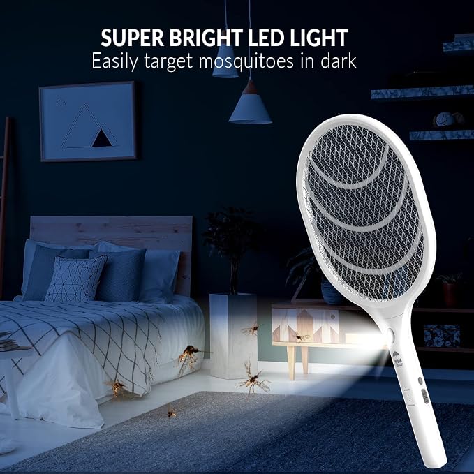 WBM Smart Bug Zapper with LED Night Light, 3,000 Volt Mosquito Electric Fly Swatter | USB Rechargeable |Fly Trap Racket Use for Indoor & Outdoor – 2 Pcs