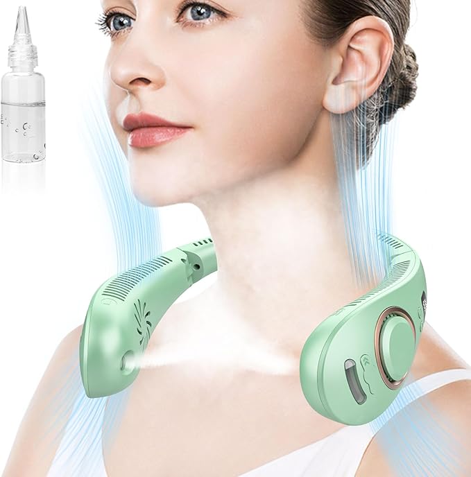 Portable Neck Fan Rechargeable,Foldaway Personal Fan Around Neck with Mister,Hands Free Bladeless Fans 5 Speeds Adjustment,Dual Air Vents,LED Display,Water Spray Misting Fan for Home Office Green
