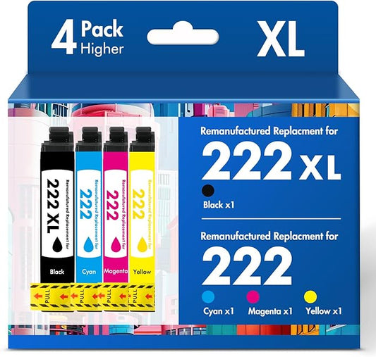 222XL 222 XP5200 Ink Cartridges Combo Pack: Remanufactured Replacement for Epson Printer Expression Home XP-5200 Workforce WF-2960 WF2960 Multipack (Black Cyan Yellow Magenta)