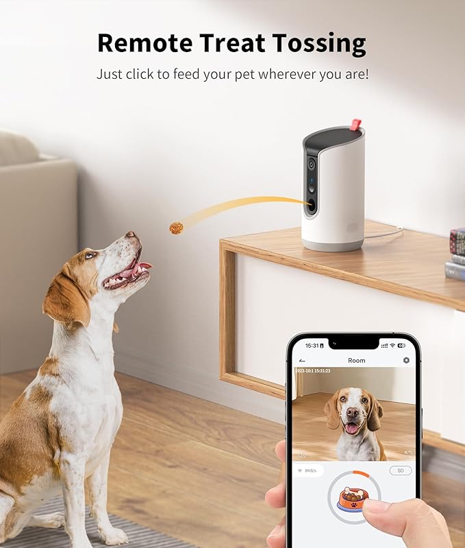 TKENPRO 2K Cat Camera Treat Dispenser, AI Photo Album, Pet Camera with 360° Auto Tracking & 5G/2.4G WiFi, 2-Way Talk, Remote Treat Tossing, Motion Alerts for Dogs Indoor, White