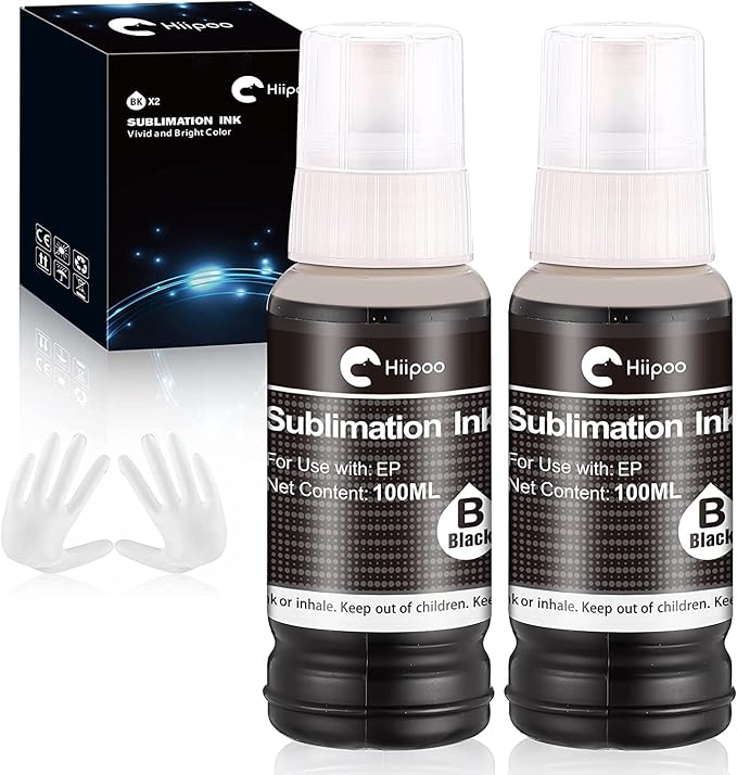 Hiipoo Sublimation Ink Refilled Bottles Compatible for ET2400 ET2720 ET2760 ET2750 ET4800 ET-2800 ET-2803 ET-2850 Inkjet Printers Heat Press Transfer on Mugs T-Shirts (2BK)