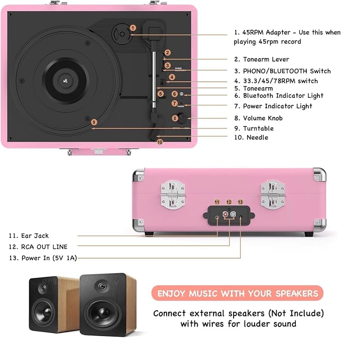 Vinyl Record Player with Built-in Speakers 3-Speed Vintage Record Player Bluetooth Portable Suitcase Turntable Belt-Driven LP Player Support RCA Output and Headphone Output (Pink)