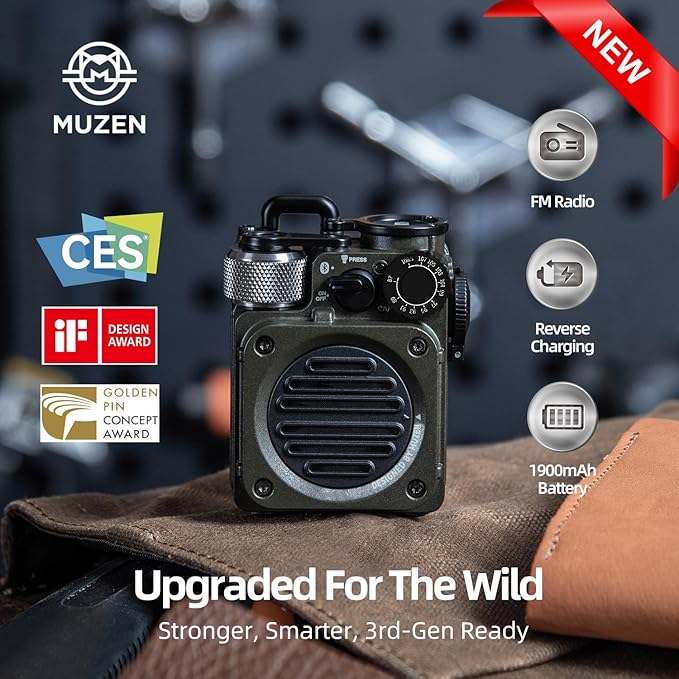 Muzen Upgraded Wild Mini 3.0 Outdoor Portable Wireless Bluetooth Speaker with FM Radio, Phone Charger/15H Playtime/IPX5 Waterproof/3 Mode Flashlight, Rugged Gear for Man Camping/Hiking/Travel(Green)