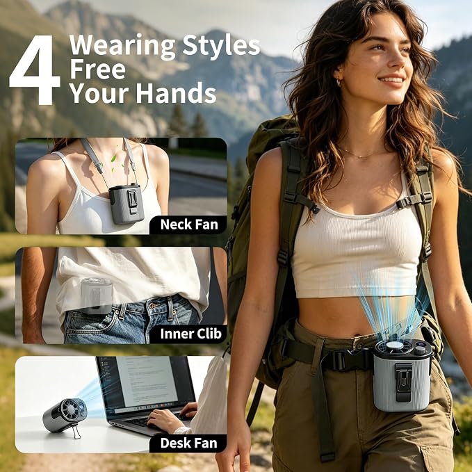 Wupsao Personal Portable Waist Fan with LED Display, Cool Clip Fan, Wearable with Ice-Cooling Plate, 8.2m/s Strong Wind 100-Speed Neck Fan, 4000mAh Body Cooling Products,(black)