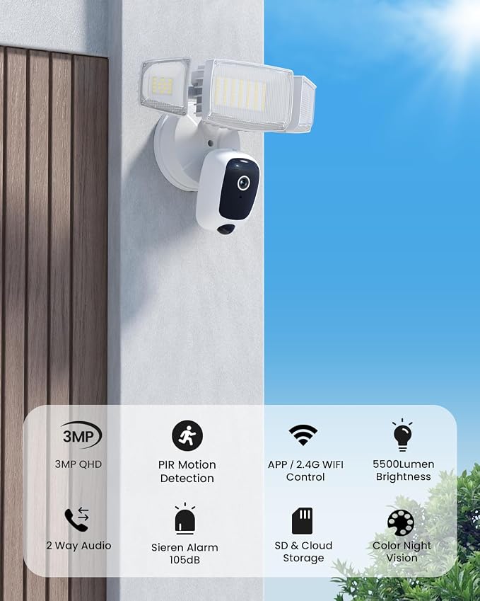 Olafus Floodlight Camera Outdoor – 2K QHD Security Cam with Motion-Activated Flood Lights, Custom Detection Zones, Color Night Vision, 2-Way Talk & 55W Dimmable Lighting White Cream