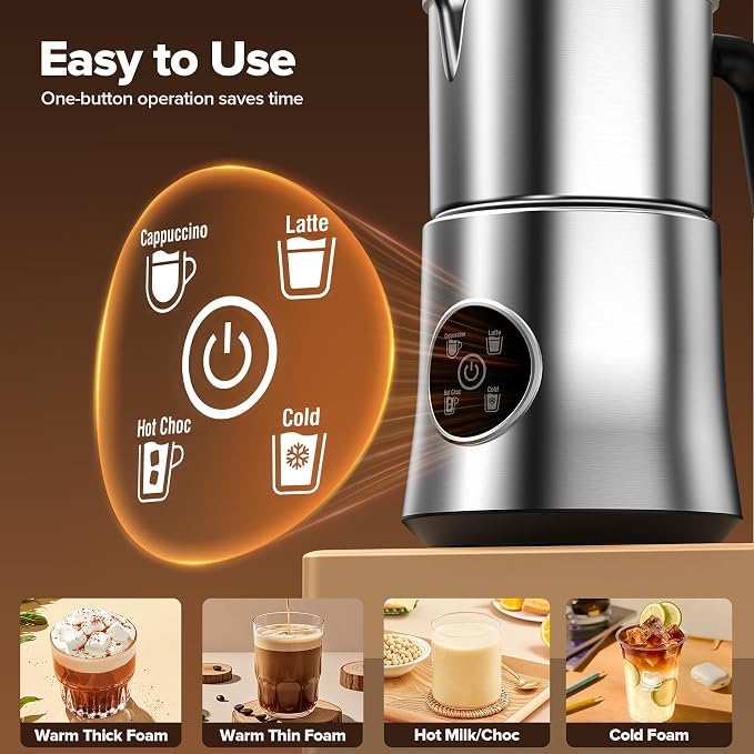Milk Frother and Steamer, 4-in-1 Automatic Electric Milk Frothers, 900ml Detachable Stainless Steel Jug with Latte Art Spout, Hot & Cold Foam Maker for Coffee, Lattes, Cappuccinos