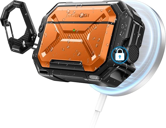 MOBOSI for AirPods Pro 3 Case [IP68 Waterproof Case for iPods Pro 3&Compatible with MagSafe] Military Grade Protective Earpods Pro3 Cover with Secure Lock, Keychain & Phone Stand (2025),Orange