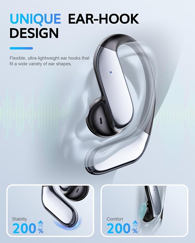 Ultra Open Ear Earbuds with Hooks 2026 Earbuds Wireless Bluetooth 6.1 Comfortable Bone Conduction Headphones 90H Playtime Audifonos Inalambricos for Running Workout Cycling (Black)
