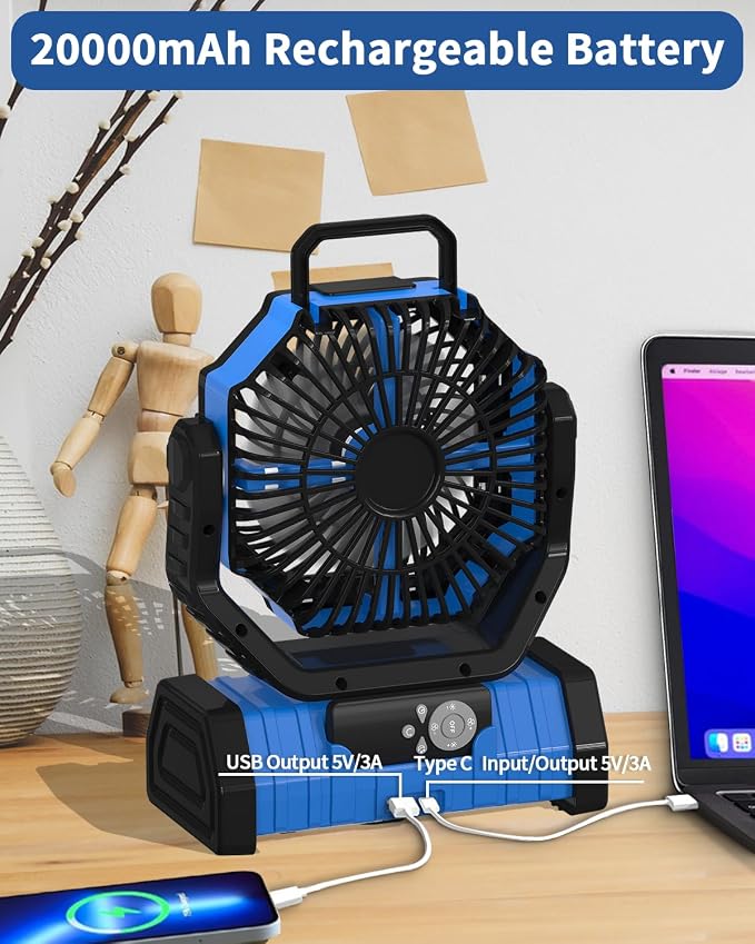 ADUST Camping Fan Battery Operated Powered Fan with LED Lantern Light 20000mAh Rechargeable Portable Oscillating, 360° Rotation Hanging Hook for Tents, Cordless USB Desk Fan(Blue)