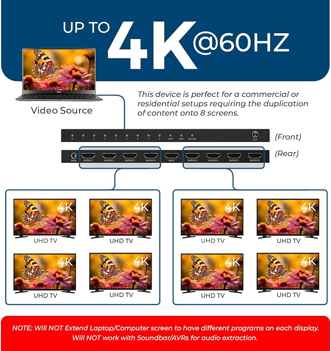 OREI 4K 1 in 8 Out HDMI Splitter 4:4:4 8-bit - HDMI 2.0, HDCP 2.2, 18 Gbps, 4K @ 60Hz HDMI Duplicator/Distributor UltaHD High Resolution (1x8)
