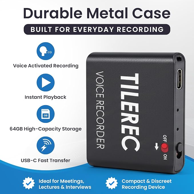TileRec Voice-Activated Audio Recorder – 64GB Digital Dictaphone with Playback, USB-C, Metal Case – Portable Recorder for Meetings & Lectures