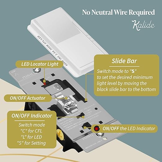 TOPGREENER Kalide Dimmer Light Switch, LED Dimmer Switch, Full Range Dimming, Single Pole/3-Way, 120VAC, 60Hz, 300W LED/CFL, Neutral Wire Not Required, Wall Plate Included, White