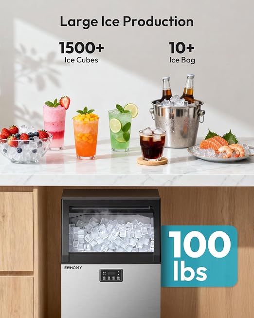 EUHOMY Commercial Gourmet Ice Maker Machine,100lbs/24H, Under Counter Ice Maker with 33lbs Storage, Non-Clumping Design,24pcs Hat Cubes Per Cycle, Freestanding Ice Maker for Home/Bar/Cafe/Restaurant