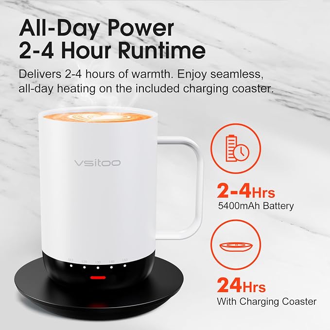 Vsitoo S3 Pro 16oz Smart Self Heating Coffee Mug, Heated Coffee Mug with AI Auto-Sensing Temperature Control, 120-150℉ Rechargeable Smart Mug Warmer, IPX7 Waterproof, Gift for Men Women, White