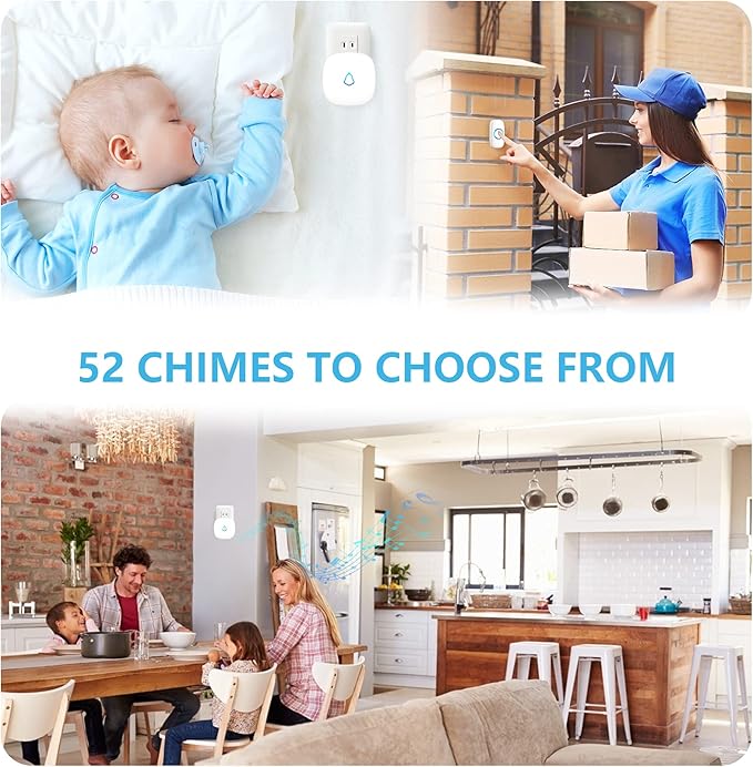 SECRUI Wireless Doorbell, Mini Door Bell with 58 Chimes 5 Volume Levels, 1 Waterproof Button 2 Plug in Receiver, White Doorbell with Led Blue light for Home/Classroom/Office