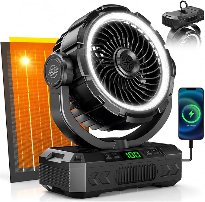 Rechargeable Solar Powered Camping Fan & Auto Oscillating, 【60H Runtime】Battery Powered Fan, Portable Outdoor Fan,5 Speeds,3 Lights,12H Timer for Travel, Fishing,Jobsite,Beach,Camping Essential