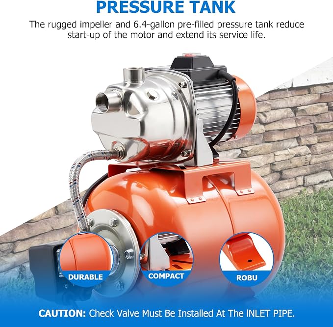 1.6HP Shallow Well Pump with Pressure Tank,1340 GPH Flow Rate, 115V Automatic Pressure Switch, Stainless Steel Well Pump for Home Irrigation, Lawn, Farm, Water Pressure Boosting,Winter Proof Design