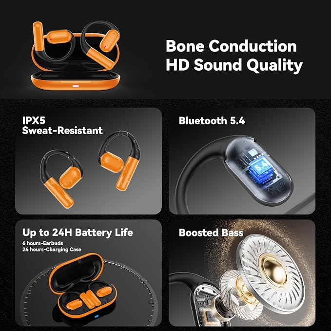 Bone Conduction Headphone Wireless Bluetooth 5.4, 0.8g Pillow Sleep Earbuds with HD Mic/Touch Control/Clear Calls, Open Ear Headphones with Earhook for Cycling Yoga Workouts(Orange)