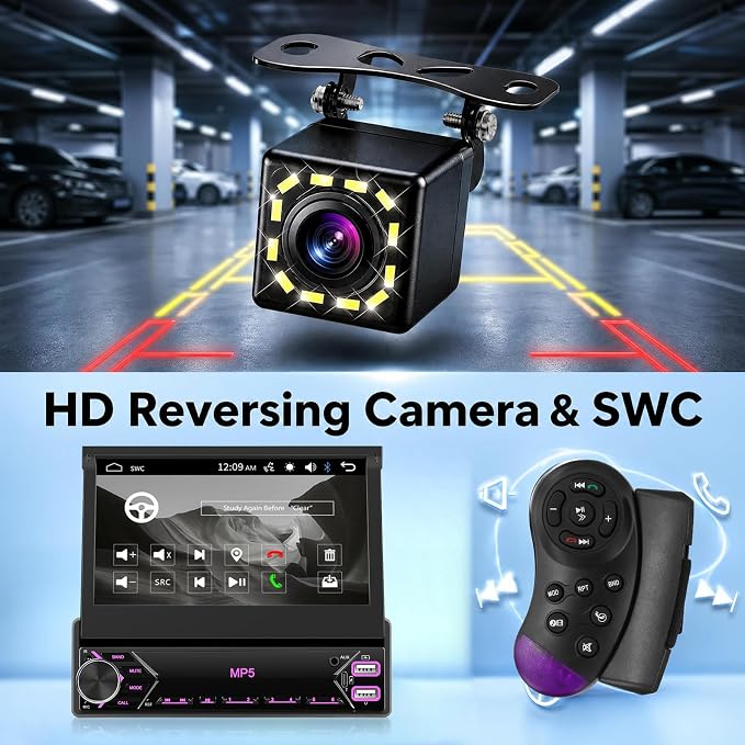 Single Din Flip Out IPS Touchscreen Car Stereo, 7inch Car Stereo with Bluetooth Car Audio Receivers, Backup Camera, FM Radio/Mirror Link/USB/AUX/TF/Type-C Fast Charging
