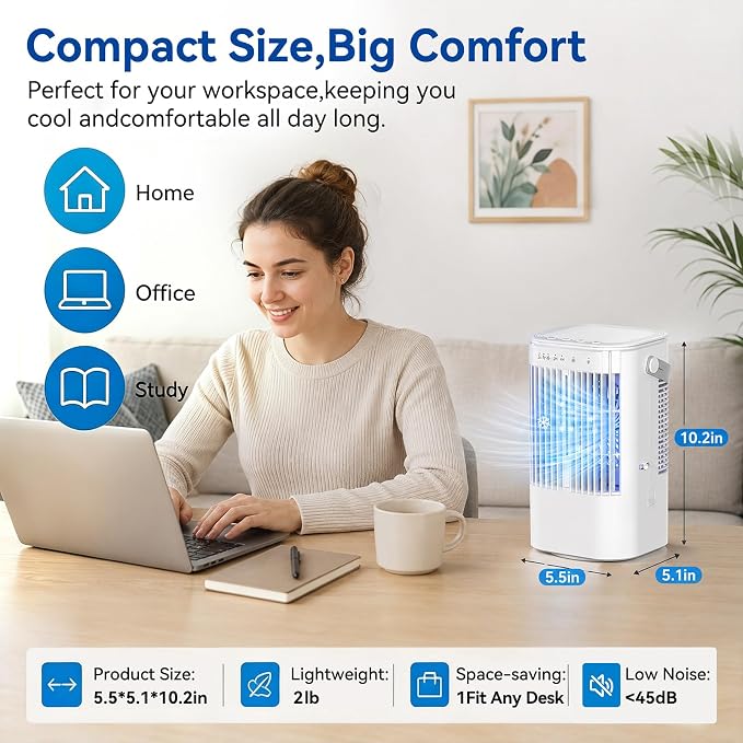 Portable Air Conditioners 4-in-1 Mini Small Air Conditioner Evaporative Air Cooler Fan with 1000ml Water Tank 3 Speeds 7 LED Lights Personal Mini AC with Timer for Bedroom Desktop Home Office (White)