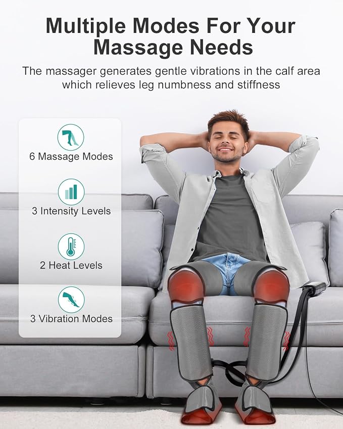 Nekteck Leg Massager for Circulation and Pain Relief, Air Compression Foot Calf Thigh Massager with 2 Heat and 3 Vibration Functions, 6 Modes 3 Intensities, Help for Muscles Relaxation