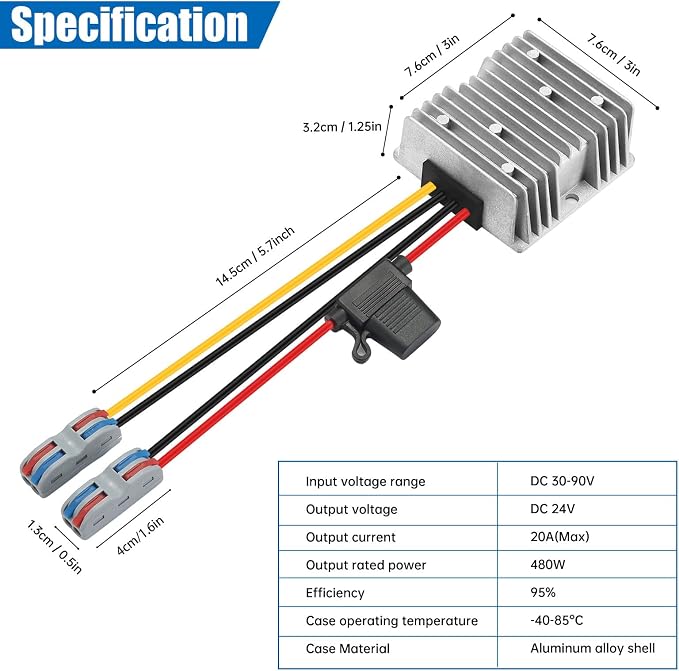 30-90V to 24V 20A 480W Waterproof DC-DC Buck Converter with Fuse | Voltage Converter For Automotive, LED Lights, Construction Sites, Tool