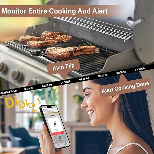 BBQOVN Smart Wireless Meat Thermometer,WiFi Unlimited Range Sub-1G (10X Stronger Than Bluetooth) 7 NIST-Certified Sensors ±0.5°F Accuracy with Smart Base for BBQ (Honey Bamboo, 1PACK)