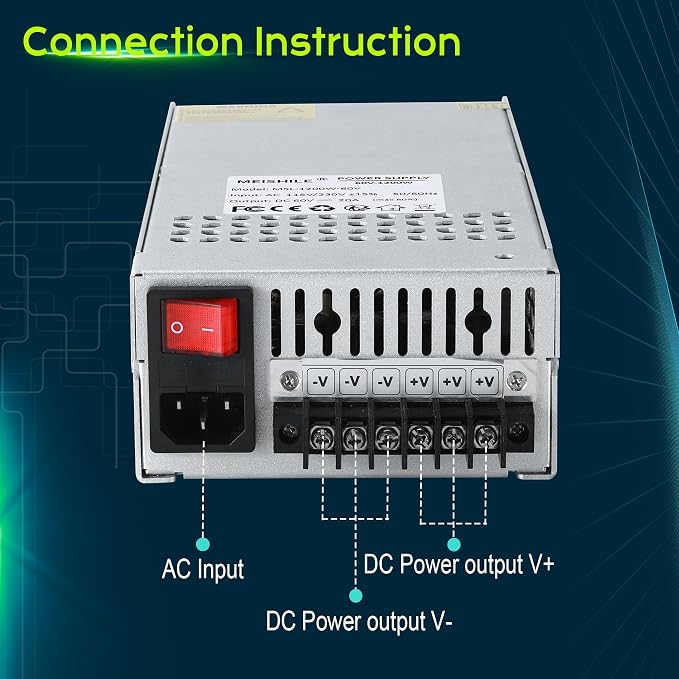 MEISHILE 60V 20A 1200W Switching Power Supply Adapter AC to DC Transformer Converter for LED Driver Strip Light Lamp, Machine, 120V 110V to 60Volt 5A 8A 10A 15A 16Amp