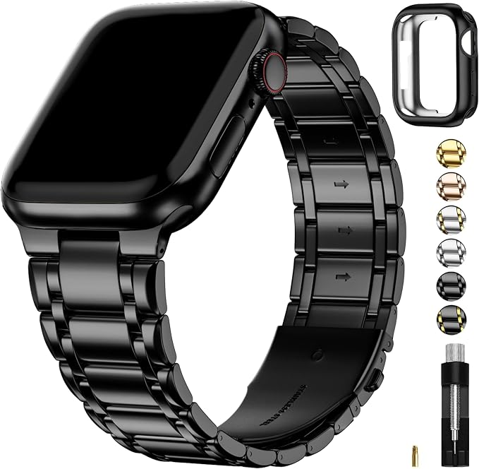 Fullmosa Bands Compatible with Apple Watch Band 45mm 44mm 42mm, Stainless Steel iWatch Band with Case for Apple Watch Series 9 8 7 6 5 4 3 2 1 SE3/2/1, Black